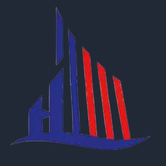 江苏华寨建设工程有限公司logo标识，蓝色背景配白色建筑图案，现代简约设计